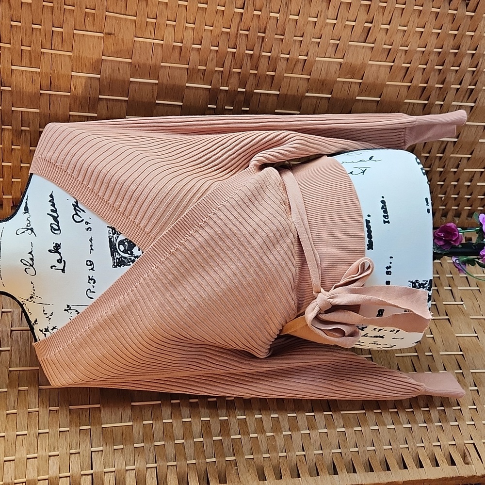 LOVE TREE, Relax Ribbed Knit Wrap, Waist Tie Sweater, Sz M ,Clay Color - Picture 2 of 7
